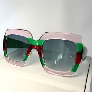 Designer LIKE- Multicolor Chunky Square Sunglasses - Pink, Green, Red Accents